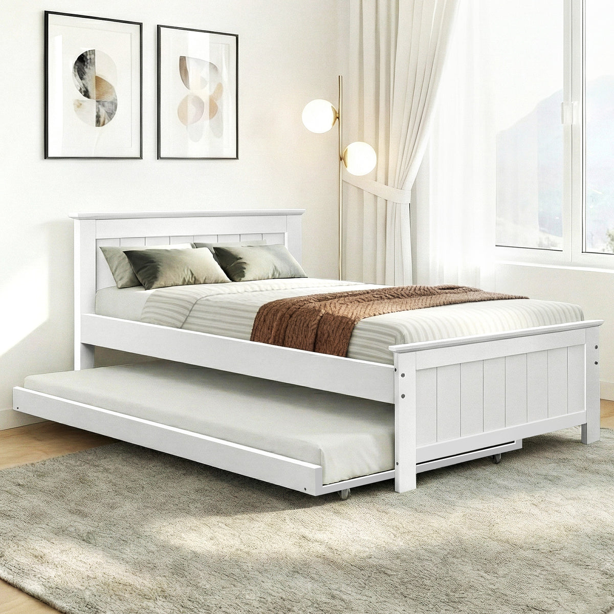 Artiss ELVIS king single trundle bed frame in white solid pine with the spare bed stored underneath