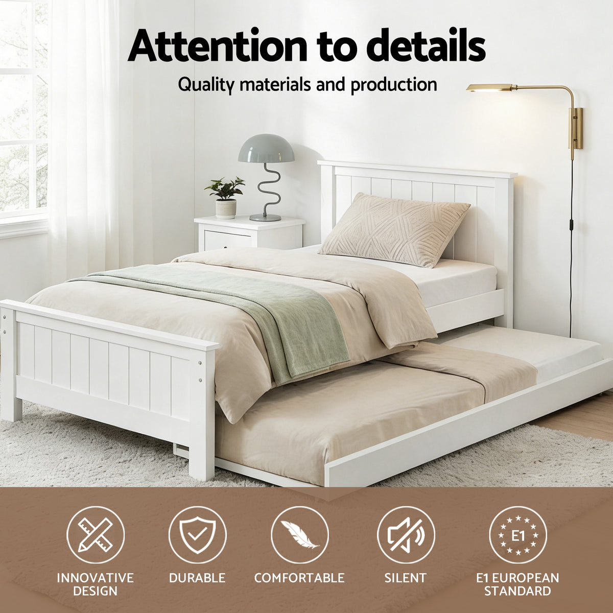 Smooth finished edges and heavy-duty steel fixings on the Artiss ELVIS pine bed frame