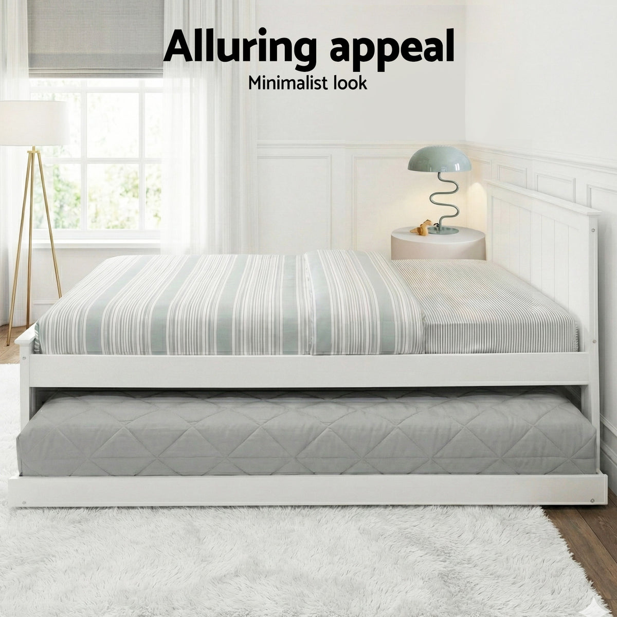 Trundle bed base measuring 203 x 109 x 11cm beneath the ELVIS king single bed frame
