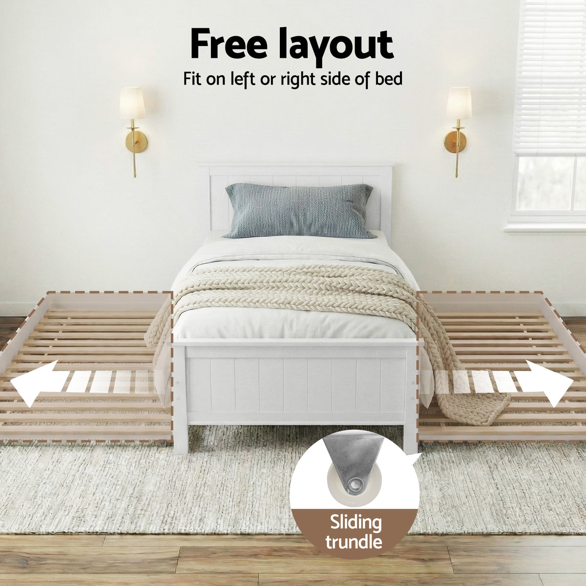 King single trundle bed frame finished in SGS-tested non-toxic white paint