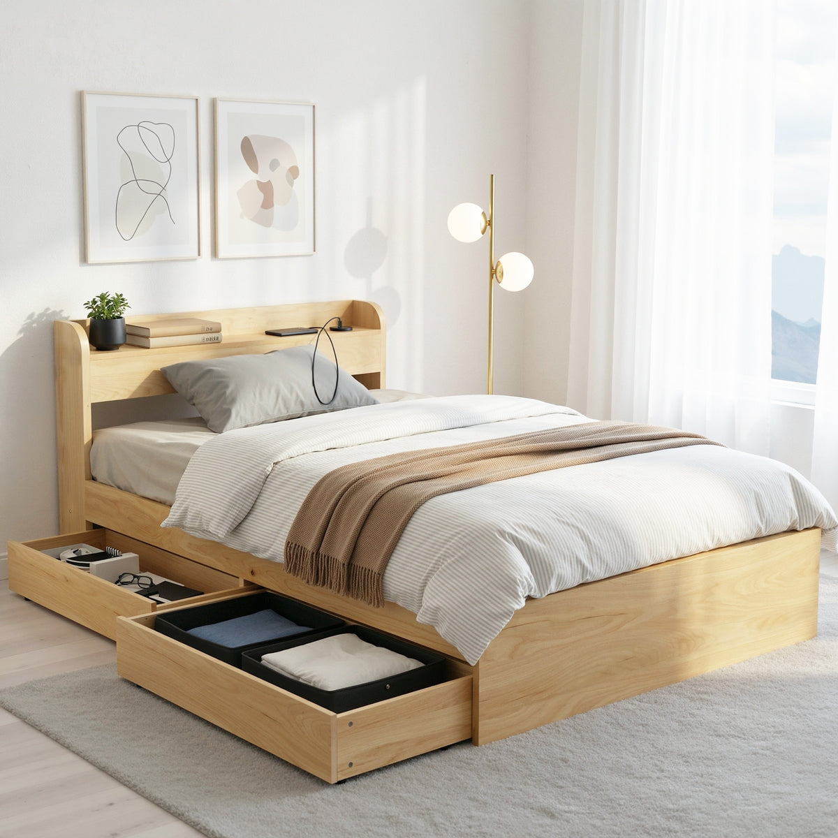 Artiss AURA king single bed frame in natural with a wide storage headboard, USB ports and two drawers