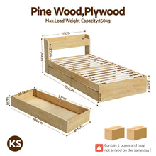 Natural finish king single bed frame with two storage drawers on castor wheels