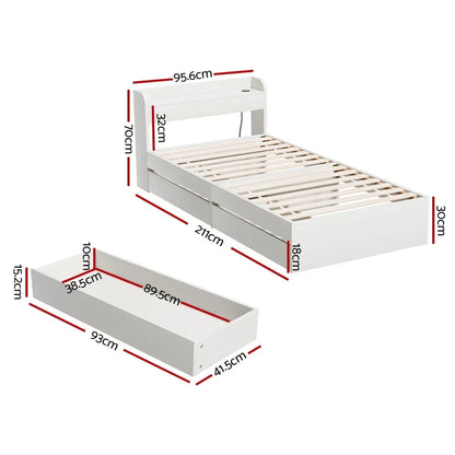 White wooden platform bed frame with storage drawers and detailed dimension measurements