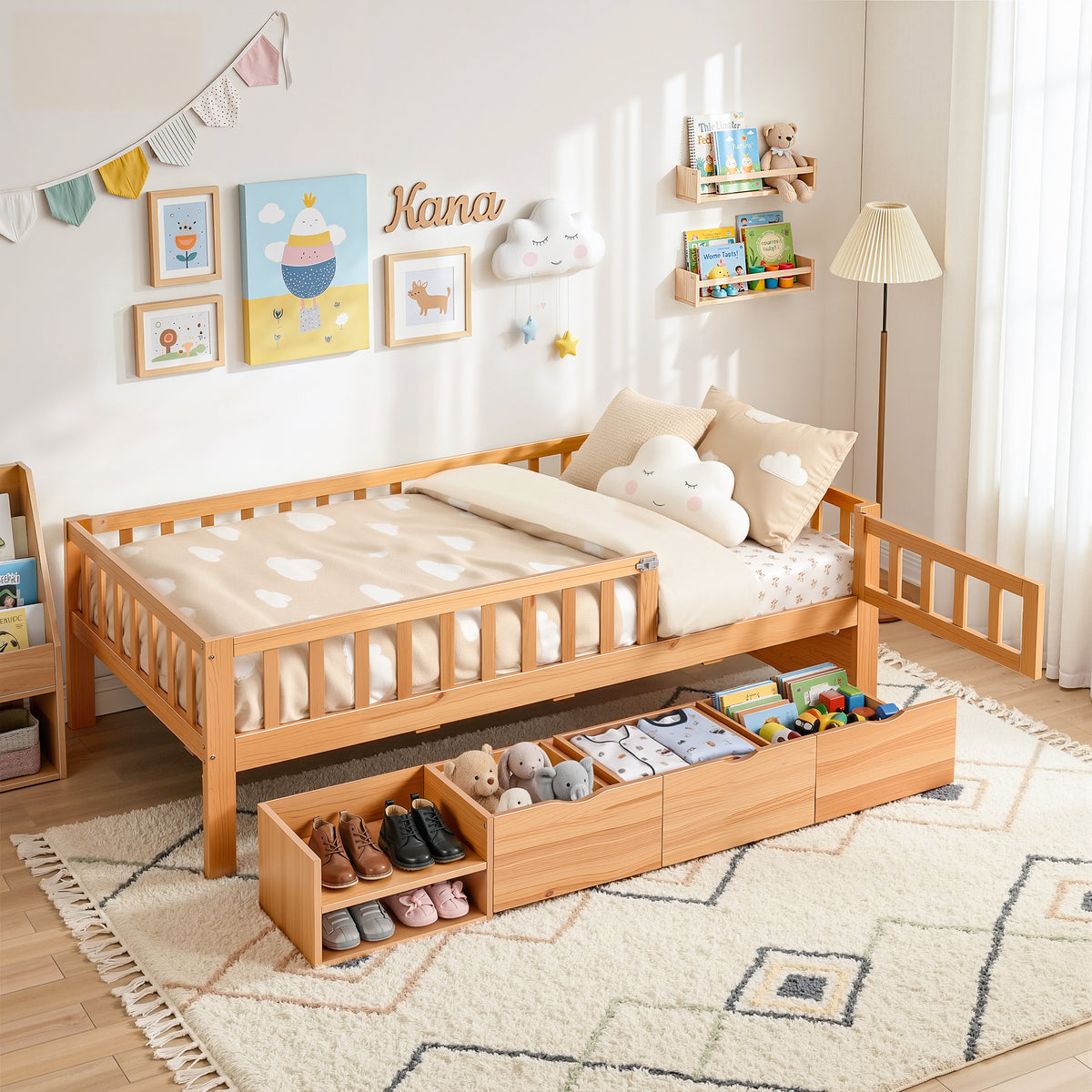 Artiss CUBIO kids single bed frame in natural with a full-surround safety fence and lockable gate