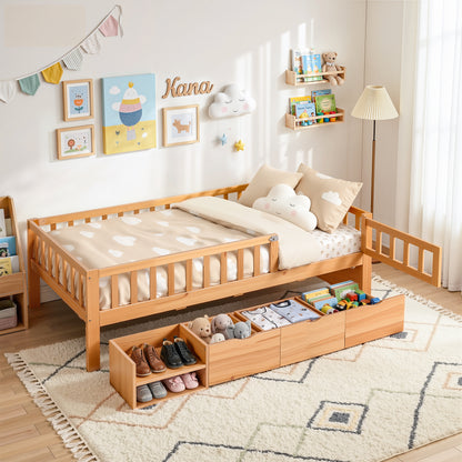 Artiss CUBIO kids single bed frame in natural with a full-surround safety fence and lockable gate