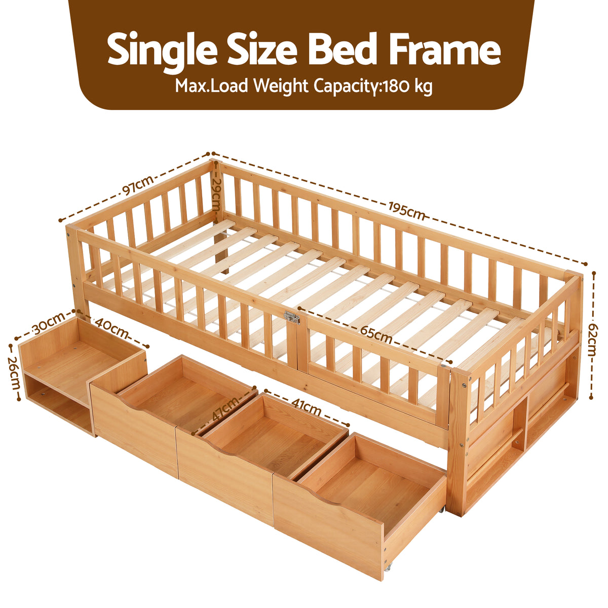 Low-profile Montessori single bed frame in a natural timber finish with plywood slats