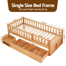 Low-profile Montessori single bed frame in a natural timber finish with plywood slats