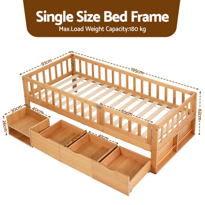 Low-profile Montessori single bed frame in a natural timber finish with plywood slats