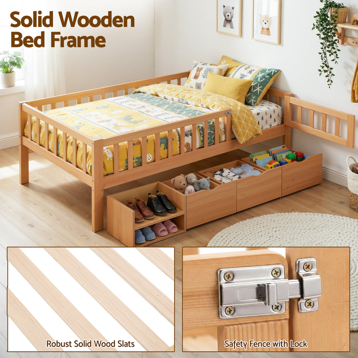 Integrated storage shelf and two-tier shelf footboard on the CUBIO kids bed frame