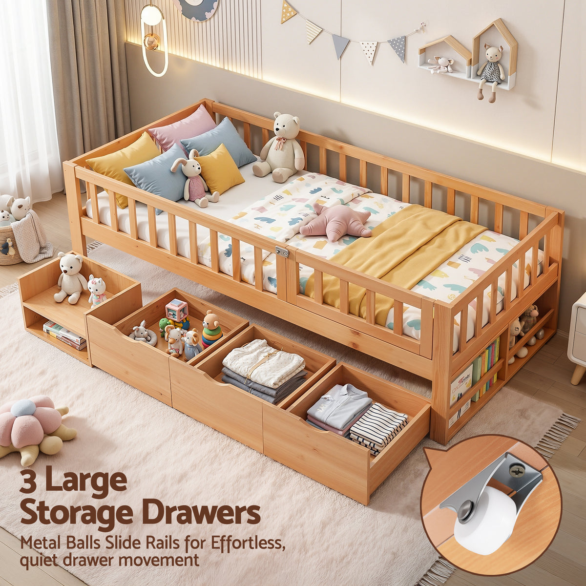 Lockable safety gate in the surround fence of the Artiss CUBIO kids single bed frame