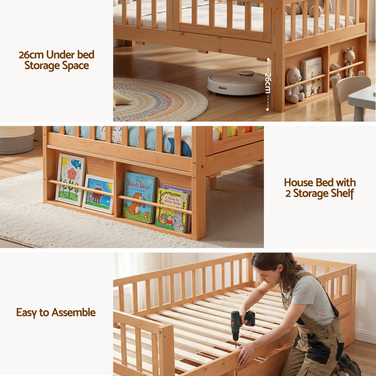 Artiss CUBIO kids single bed frame measuring 195 x 97 x 62cm with 26cm under-bed clearance