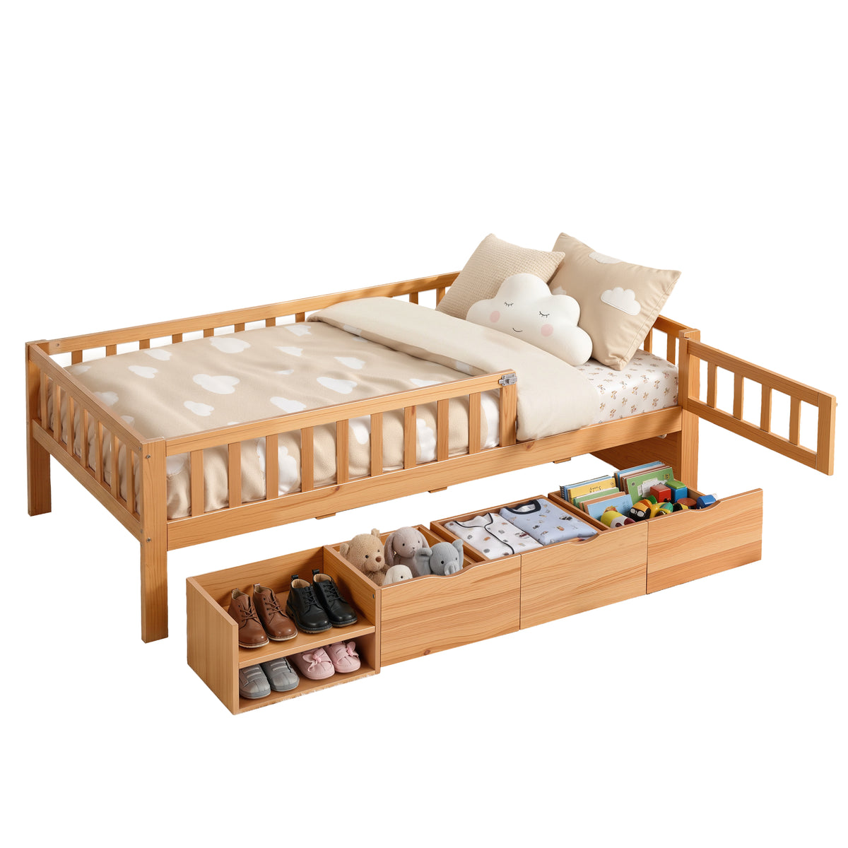Natural finish Montessori bed frame sized for a standard Australian single mattress