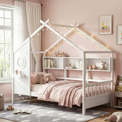 Artiss DREGO kids single house bed frame in white with safety fence and built-in three compartment bookcase