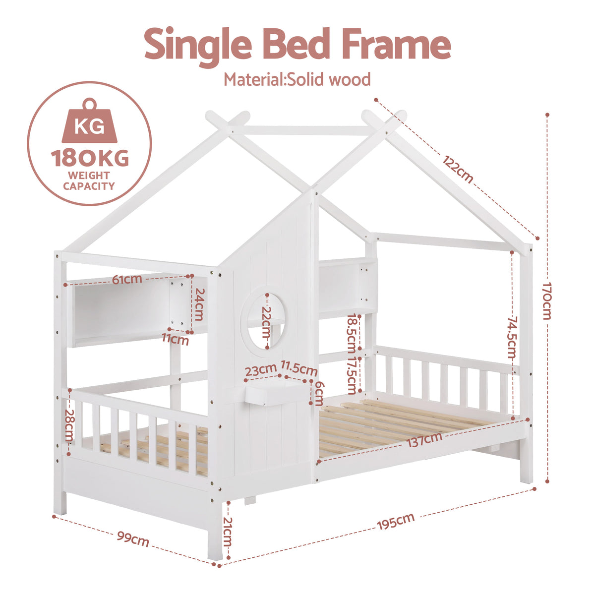 White Montessori house bed frame with a low floor design children can get in and out of on their own