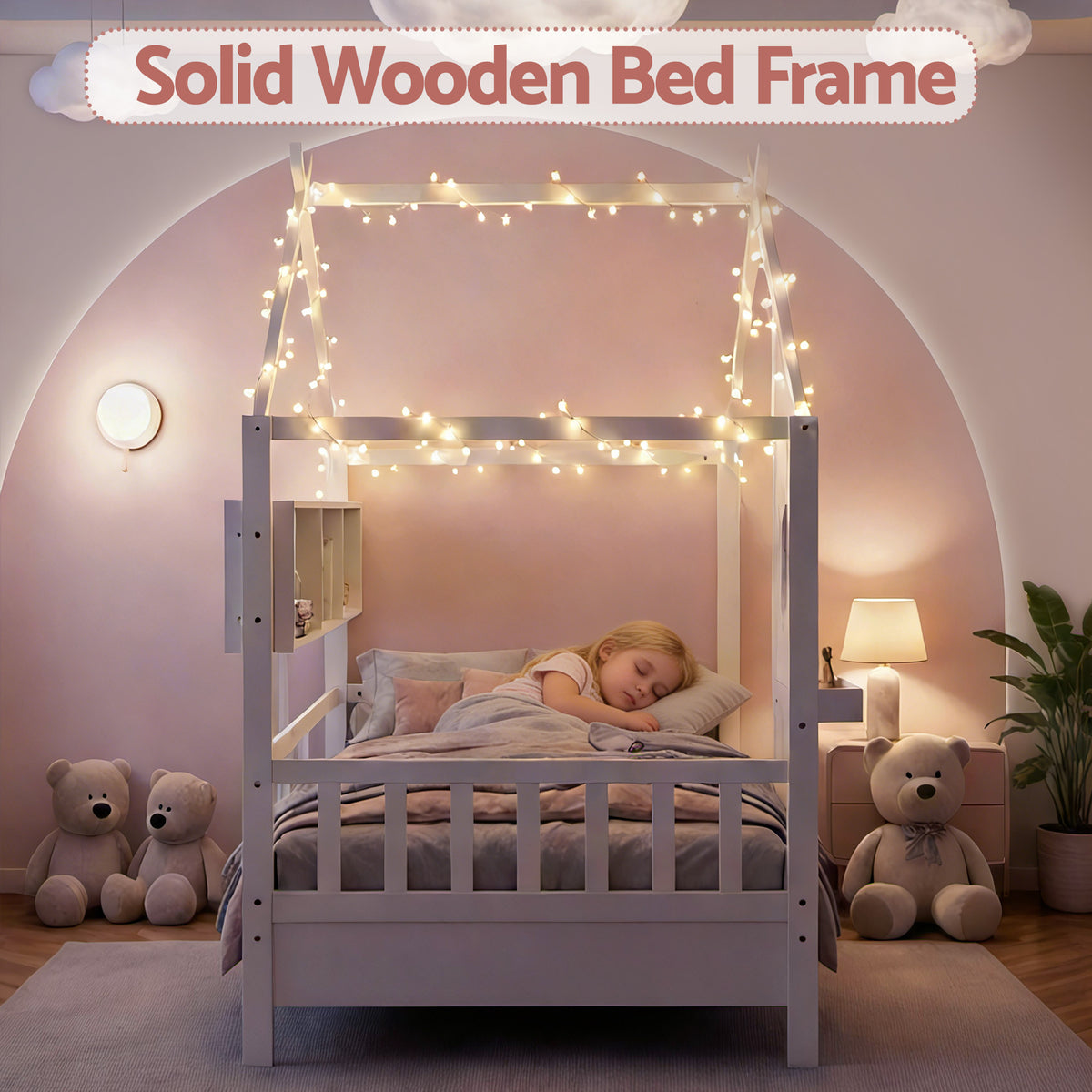 Open storage space beneath the Artiss DREGO kids house bed frame in white