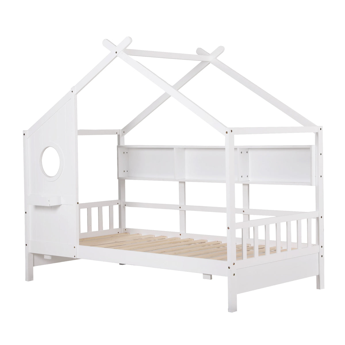 Roof shaped house frame of the Artiss DREGO kids single Montessori bed in white pine