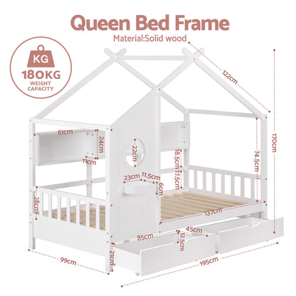 White solid pine house bed frame for kids with a built-in three-compartment bookcase