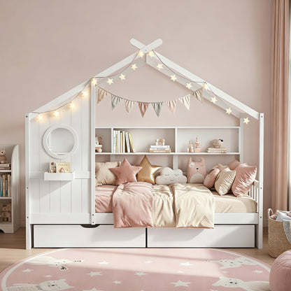 Three-compartment bookcase shelving built into the DREGO kids single bed frame