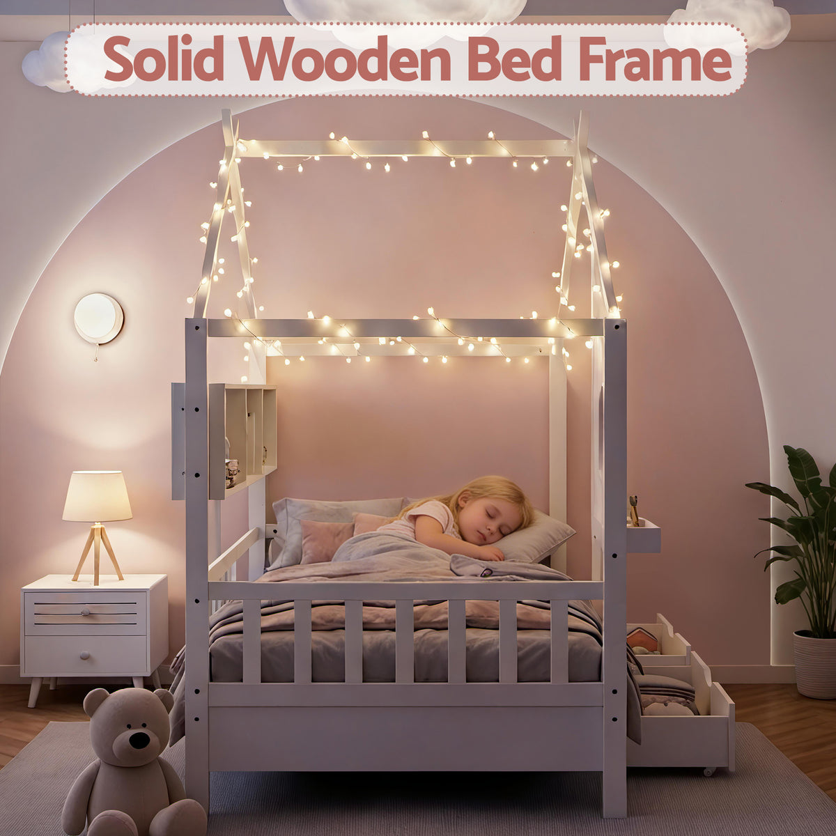 White kids single bed frame rated to a 180kg weight capacity on solid pine construction