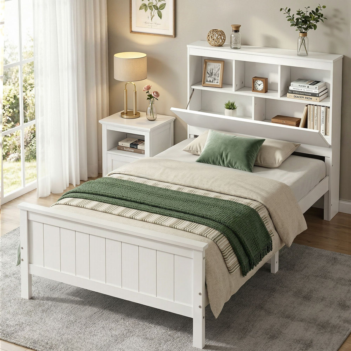 Artiss single bed frame in white pine wood with a storage headboard of open compartments and a closed shelf