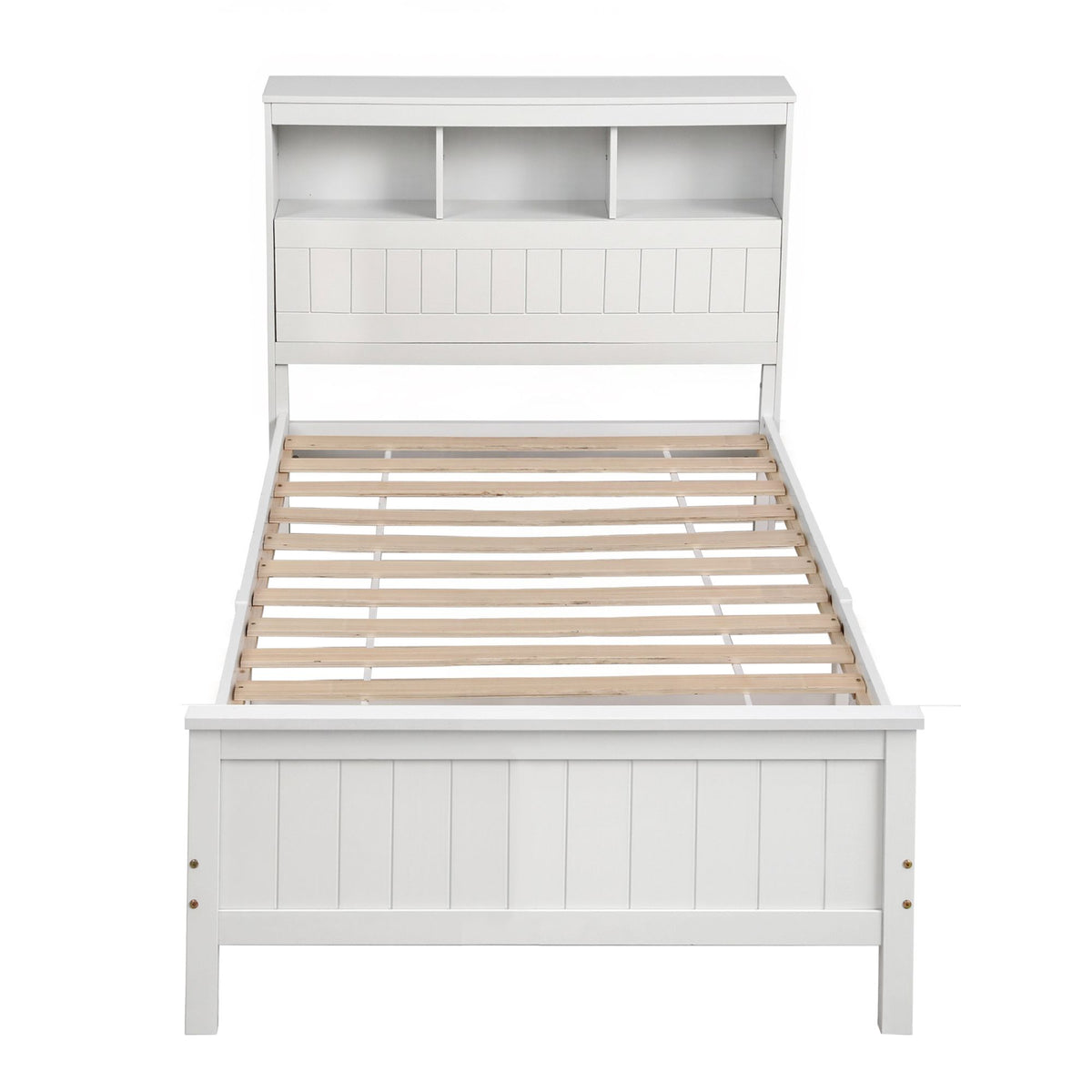 Storage headboard with three open compartments and a hinged shelf door that folds down