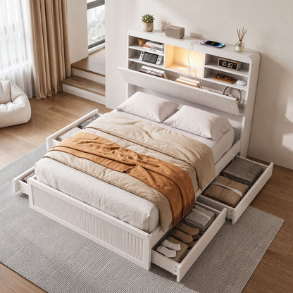 Artiss TAMBUR king single bed frame in white with a tall bookcase headboard and four storage drawers