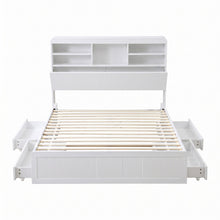 White king single platform bed frame with a five-compartment bookcase headboard and drop-down storage