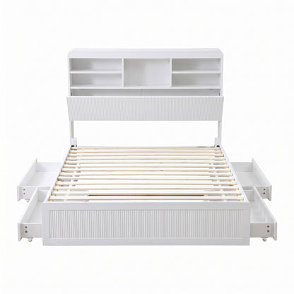 White king single platform bed frame with a five-compartment bookcase headboard and drop-down storage