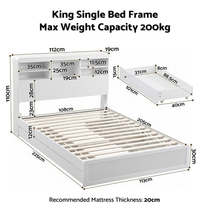 Four under-bed storage drawers on smooth-glide rollers beneath the TAMBUR king single bed frame
