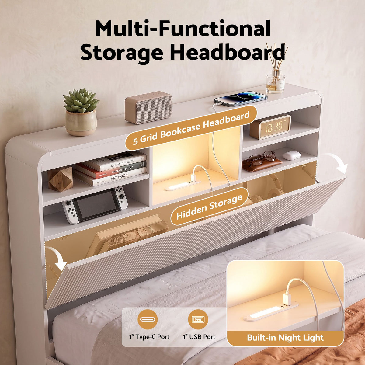 Fluted wood-look detailing across the headboard compartment and footboard of the TAMBUR bed frame
