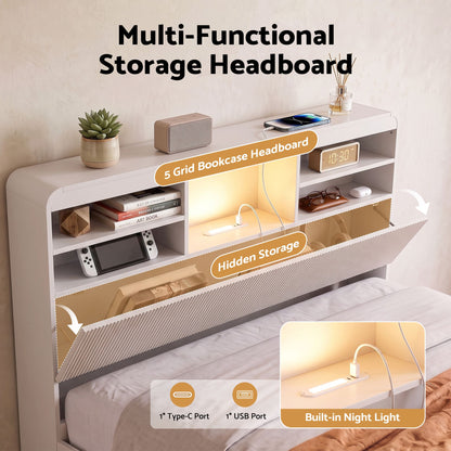 Fluted wood-look detailing across the headboard compartment and footboard of the TAMBUR bed frame