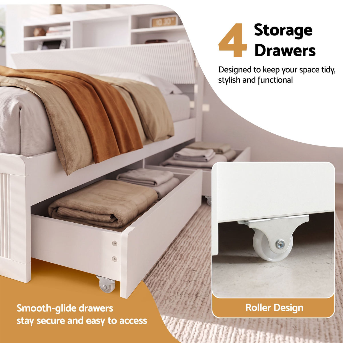 Roll-out wooden slat system and sunken mattress position inside the king single bed frame