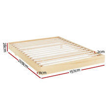 Wooden bed frame with slats and dimensions labeled in centimeters