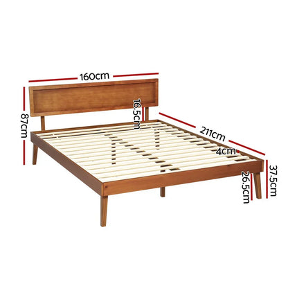 Wooden bed frame with slatted base and headboard, dimensions labeled in centimeters