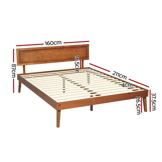 Wooden bed frame with slatted base and headboard, dimensions labeled in centimeters