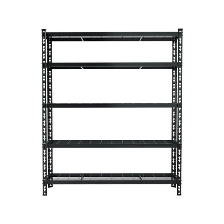 Black 5-tier heavy-duty metal shelving unit for garage or warehouse storage, adjustable shelves