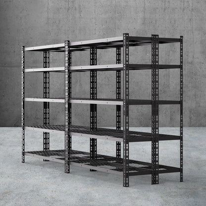 Heavy-duty metal shelving unit with adjustable shelves for garage or warehouse storage