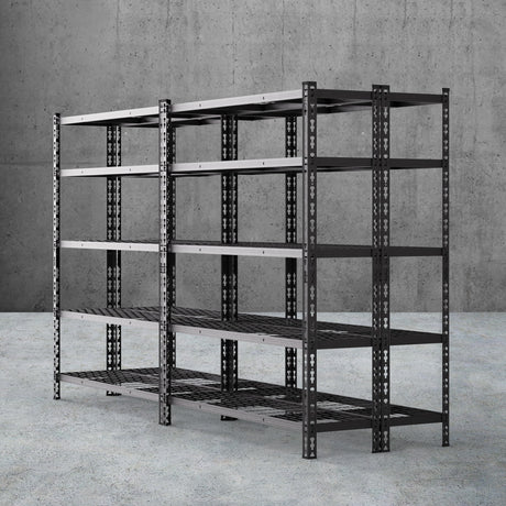 Heavy-duty metal shelving unit with adjustable shelves for garage or warehouse storage