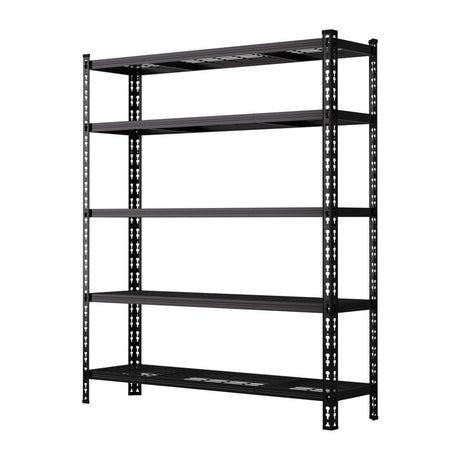 Black heavy-duty metal shelving unit with five adjustable shelves for storage