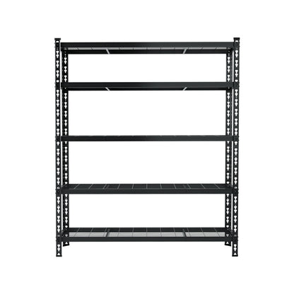 Black heavy-duty metal shelving unit with five adjustable wire shelves for garage or warehouse storage