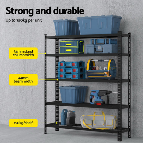 Strong durable metal shelving unit with storage bins, tools, and gear, holds up to 750kg total, 150kg per shelf