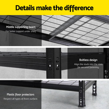 Heavy-duty metal shelving with boltless design, middle support beam, and plastic floor protectors