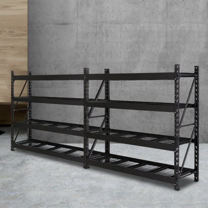 Heavy-duty metal shelving unit with wire mesh shelves for garage or warehouse storage