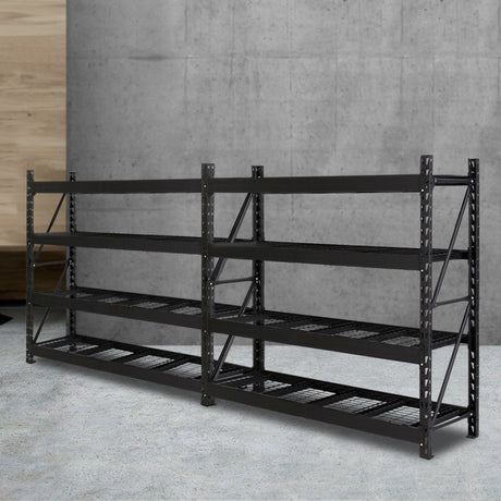Heavy-duty metal shelving unit with wire mesh shelves for garage or warehouse storage