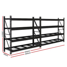 Heavy-duty black metal shelving unit, 200cm high x 400cm long, ideal for warehouse or garage storage