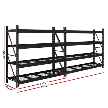 Heavy-duty black metal shelving unit, 200cm high x 400cm long, ideal for warehouse or garage storage