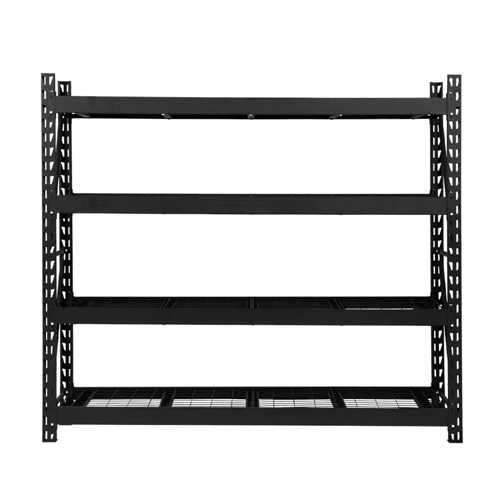 Heavy-duty black metal shelving unit with four adjustable wire shelves for garage or warehouse storage