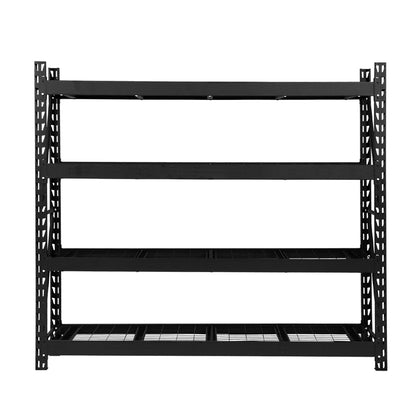 Heavy-duty black metal shelving unit with four adjustable wire shelves for garage or warehouse storage
