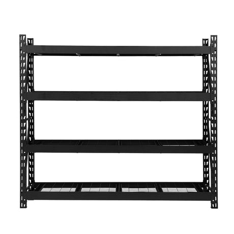 Heavy-duty black metal shelving unit with four adjustable wire shelves for garage or warehouse storage