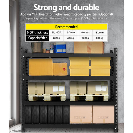 Heavy-duty metal shelving unit with boxes, tires, and storage items, strong and durable for warehouse use